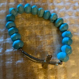 Turquoise color Beaded Bracelet with Silver tone Cross